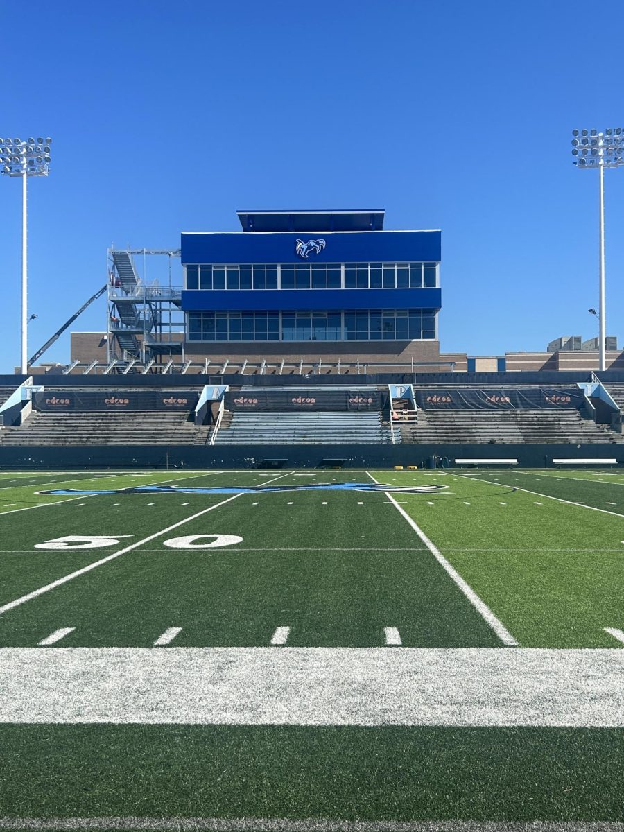 Construction continues on the new stadium with the addition of more seating on the home side. A Staircase outside of the press box is being seen installed in May, 2 2024