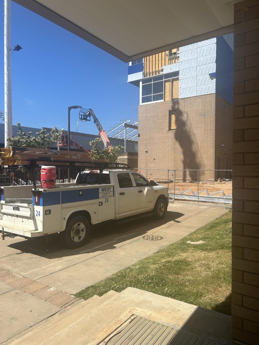 Construction continues on May, 2, 2024 with the addition of seating at the stadium.