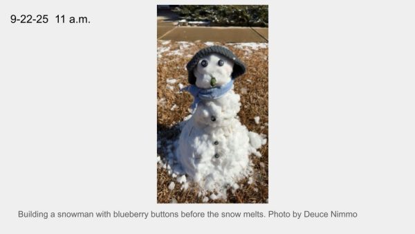 Building a snowman with blueberry buttons before the snow melts. 