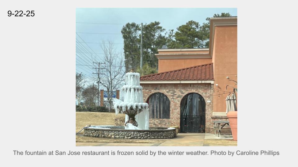 The fountain at San Jose restaurant is frozen solid by the winter weather. 
