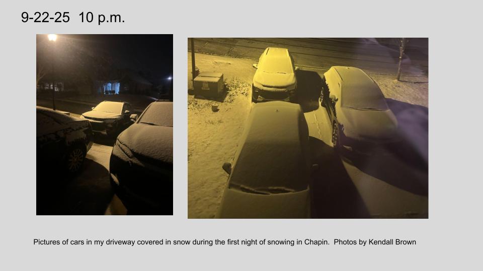 Pictures of cars in my driveway covered in snow during the first night of snowing in Chapin.  Photos by Kendall Brown