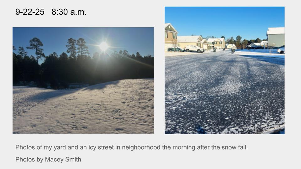 Photos of my yard and an icy street in neighborhood the morning after the snow fall.  
Photos by Macey Smith
