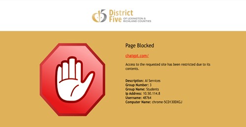 The image shows what students will see when they try to access a blocked site such as Chat GPT.