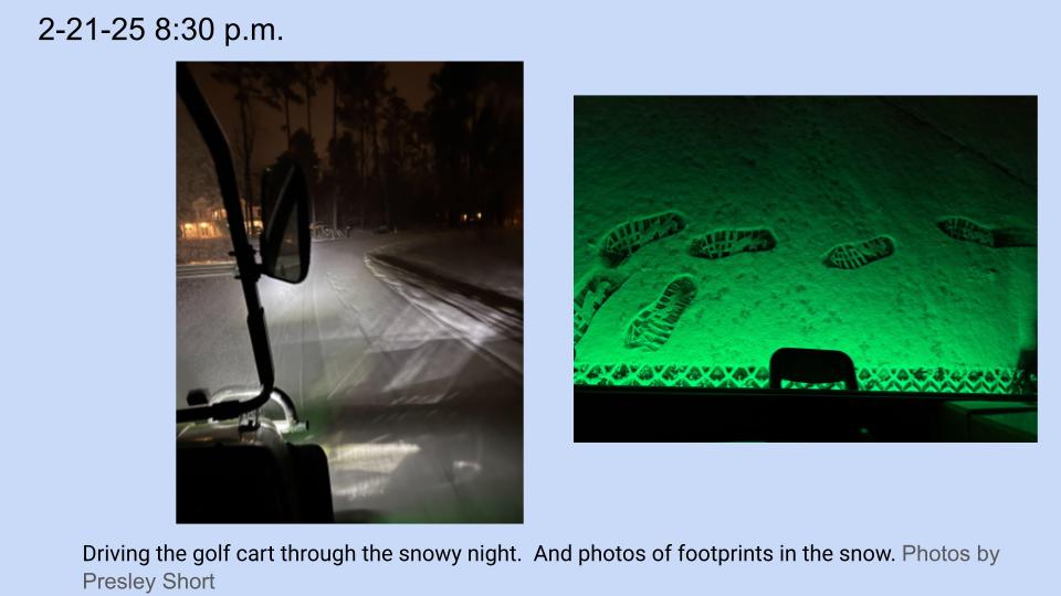Driving the golf cart through the snowy night.  And photos of footprints in the snow. Photos by Presley Short