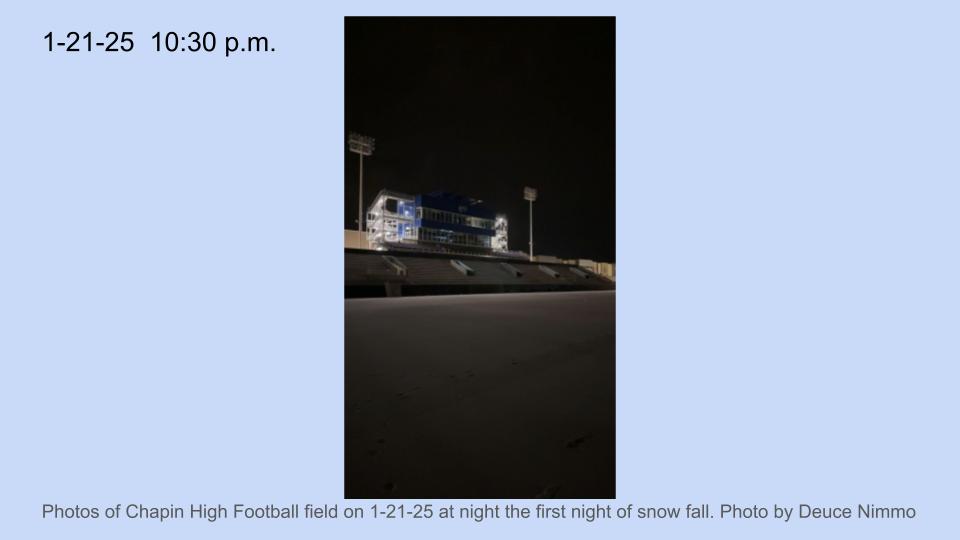 Photos of Chapin High Football field on 1-21-25 at night the first night of snow fall. Photo by Deuce Nimmo